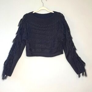 AKIRA Cable Knit Sweater Fringe Sleeve Off-Shoulder Cropped Black Western Boho